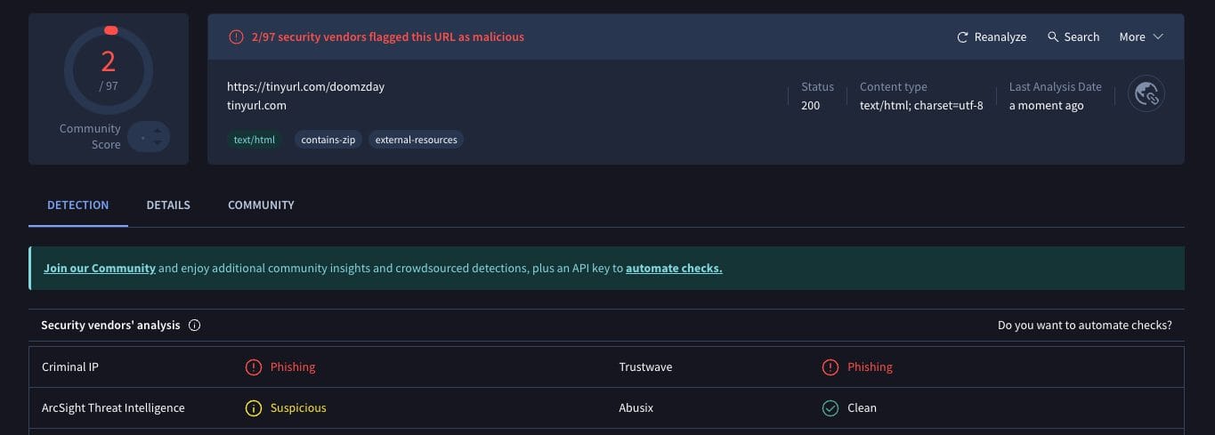 The Archives Addon VirusTotal Scan
