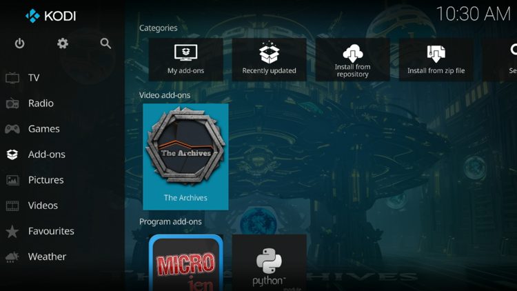 Then go back to the Home screen of Kodi and select Add-ons, then choose The Archives