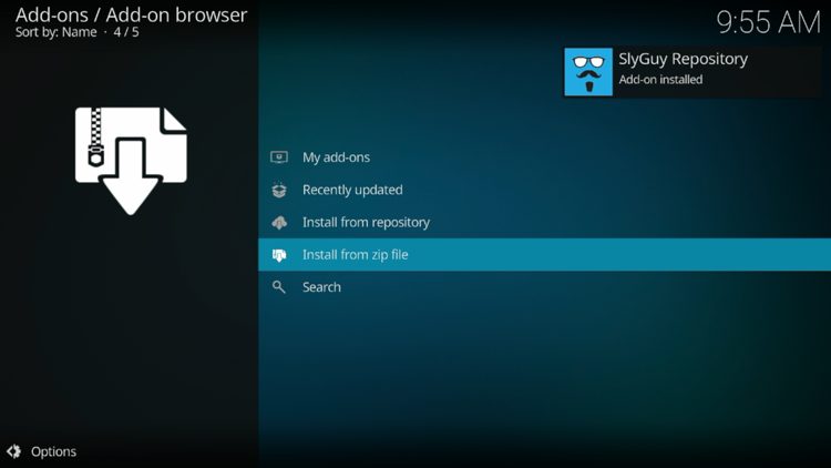 Wait for the "SlyGuy Repository Add-on installed" message to appear