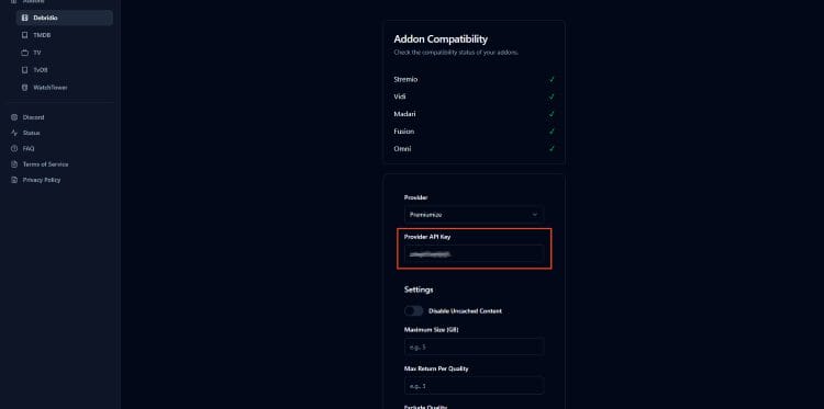 input api key to configure debridio