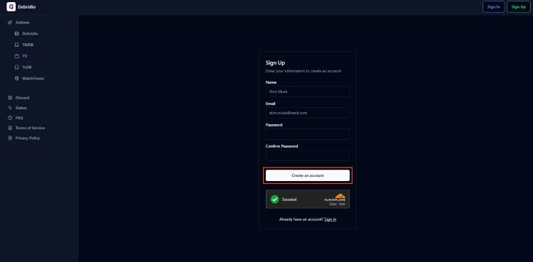 input credentials and select create account