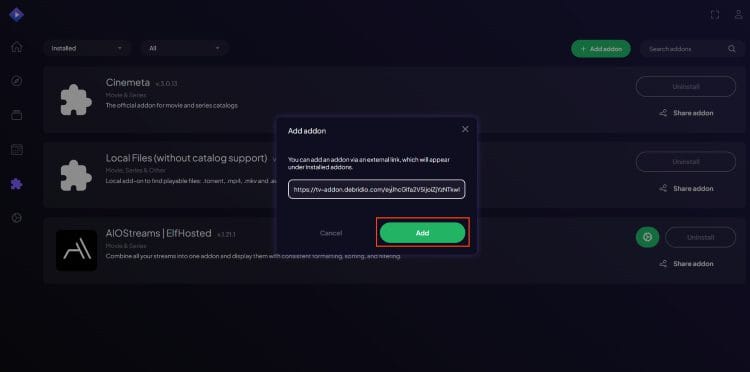 paste debridio url and click add
