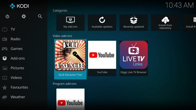 Then go back to the Home screen of Kodi and select Add-ons, then choose Karaoke