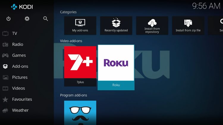 Return back to the home screen of Kodi and hover over Add-ons. Then select Roku.