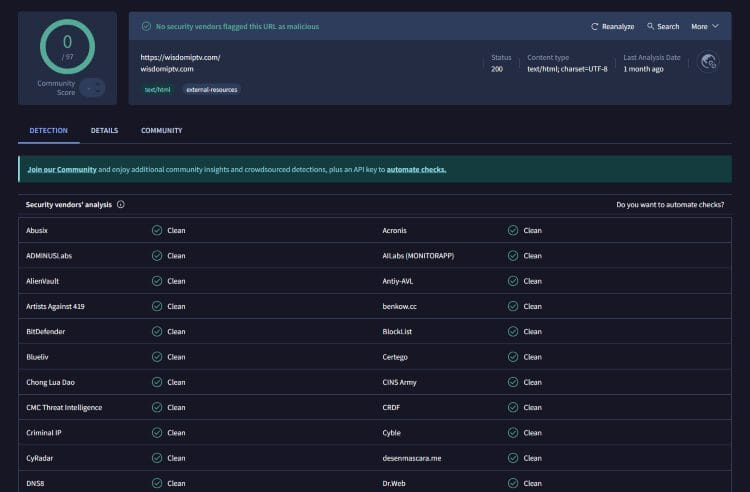 VirusTotal rating of Wisdom IPTV website shows it is clean