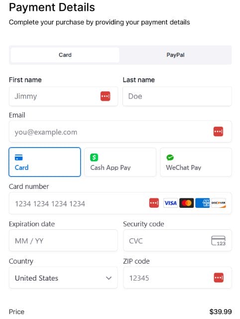 Payment checkout screen
