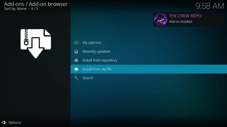 Wait for the "The Crew Repo Add-on installed" message to appear