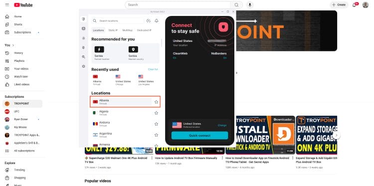 choose Albania server to block youtube ads