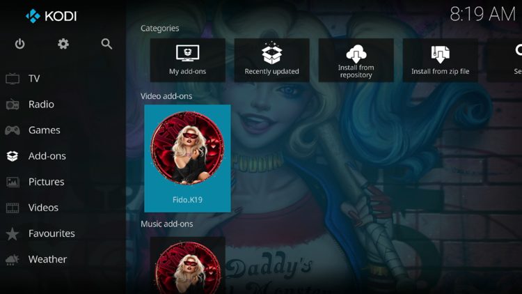 Then go back to the Home screen of Kodi and select Add-ons, then choose Fido
