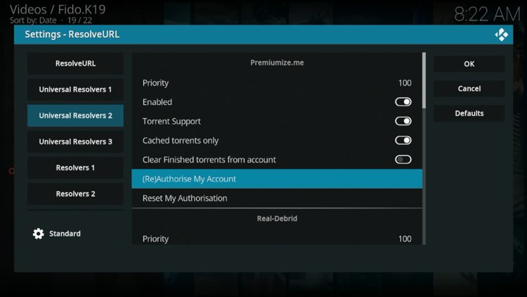 Hover over Universal Resolvers 2 and under Premiumize choose (Re)Authorise My Account.