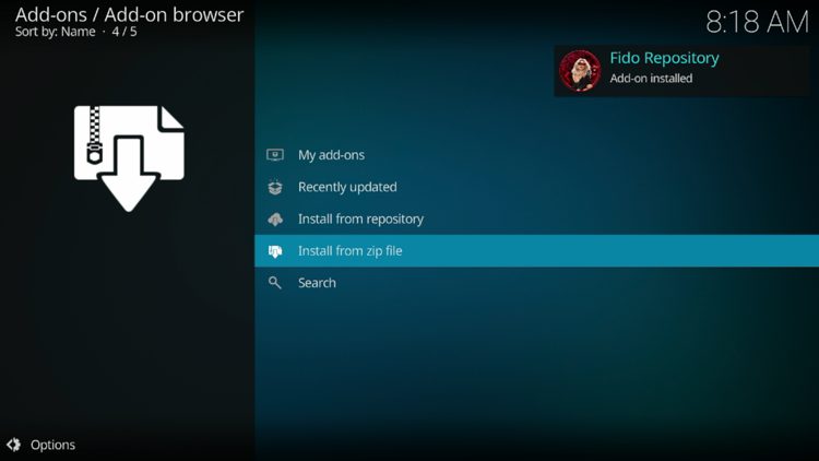 Wait for the "Fido repository Add-on installed" message to appear