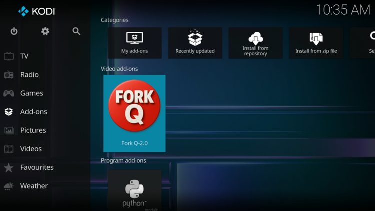 Then go back to the Home screen of Kodi and select Add-ons, then choose Fork Q