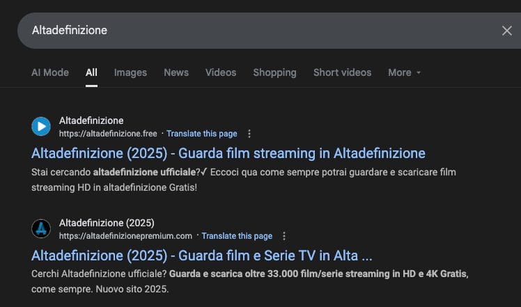 Google Search for 'Altadefinizione'