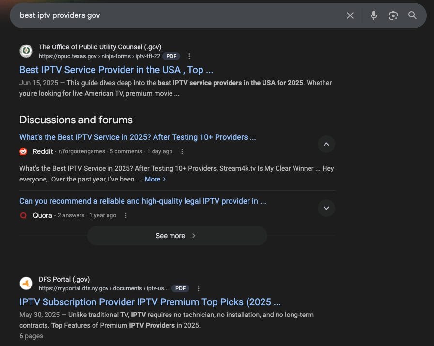 Google Search Results for IPTV Providers