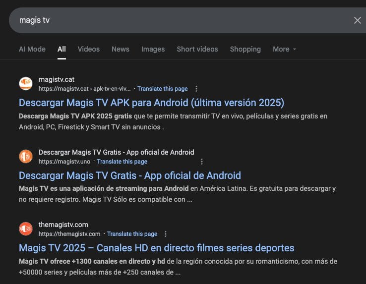 Google Search for 'Magis TV'