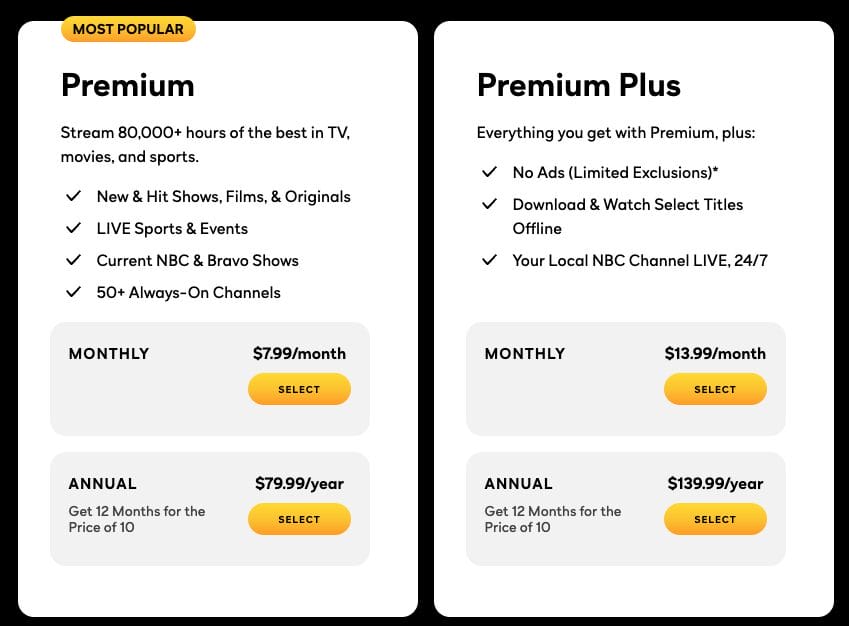 Peacock Subscription Plans