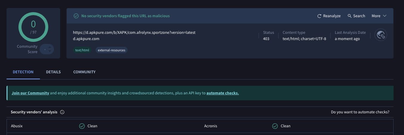 SportsZone TV VirusTotal Scan