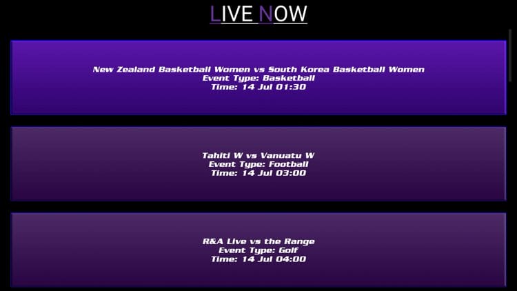 When clicking into one of the categories you'll find all of the available sporting events that are live right now.