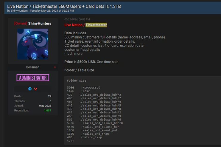 ShinyHunters Selling Ticketmaster Data on Dark Web