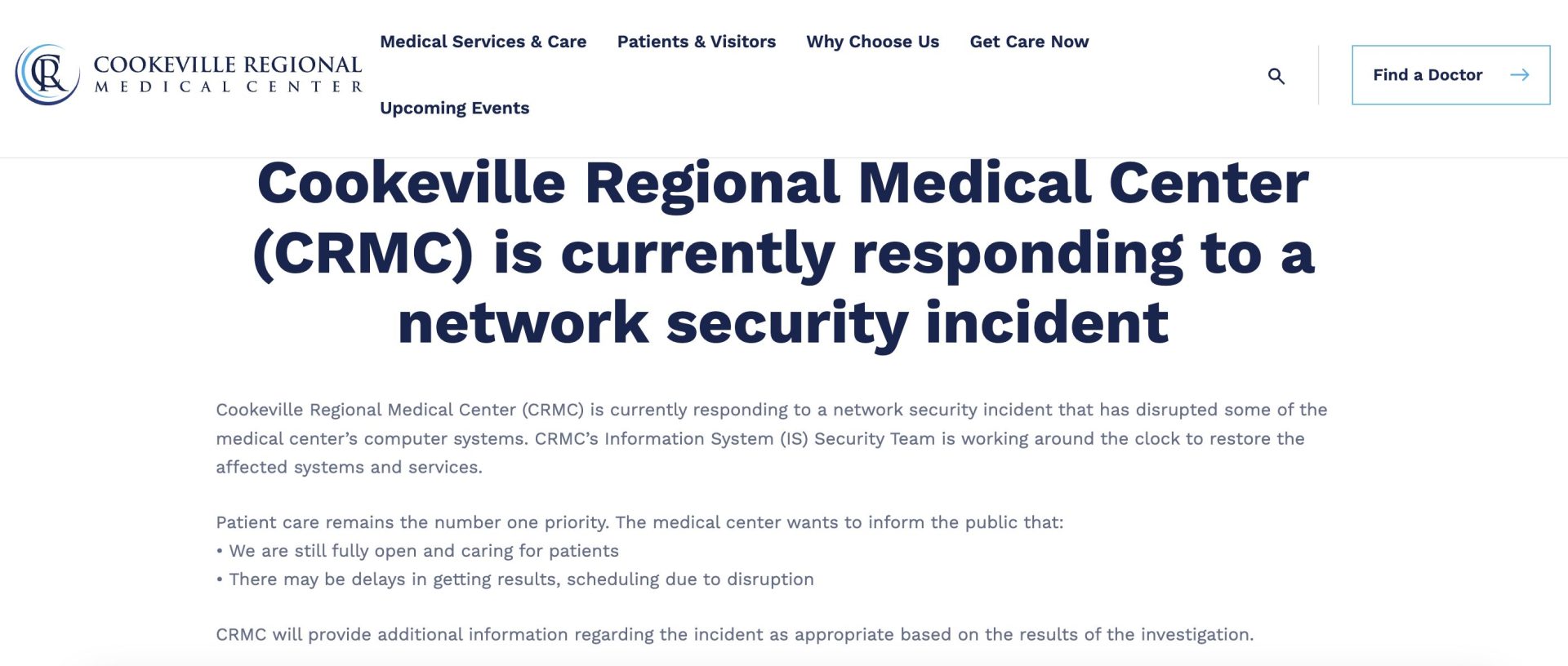 Cookeville Medical Center Website Home Page