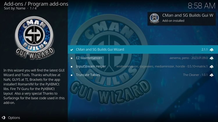 The wizard add-on installed message will now display in the upper right-hand corner.