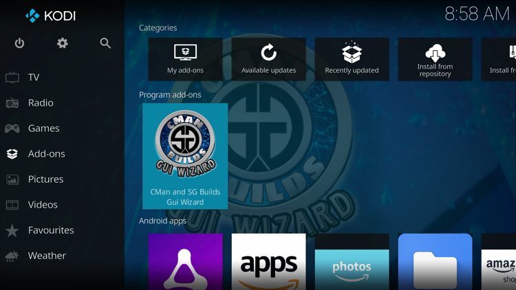 Return back to the home screen of Kodi, hover over Add-ons and click CMan and SG Builds Gui Wizard under Program add-ons.