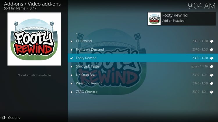 Wait for the "Footy Rewind Add-on Installed" message to appear