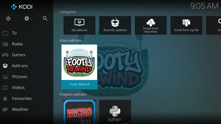 Return back to the home screen of Kodi and hover over Add-ons. Then choose Footy Rewind.