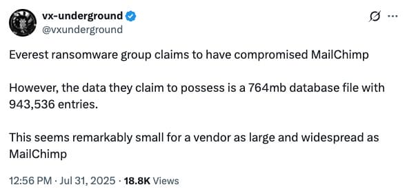 Social Media Post about Mailchimp Breach