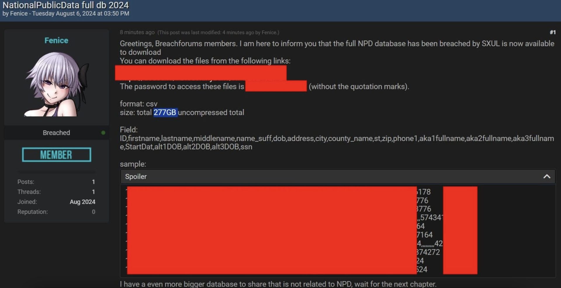 The leaked SSN NPD data on a hacker forum