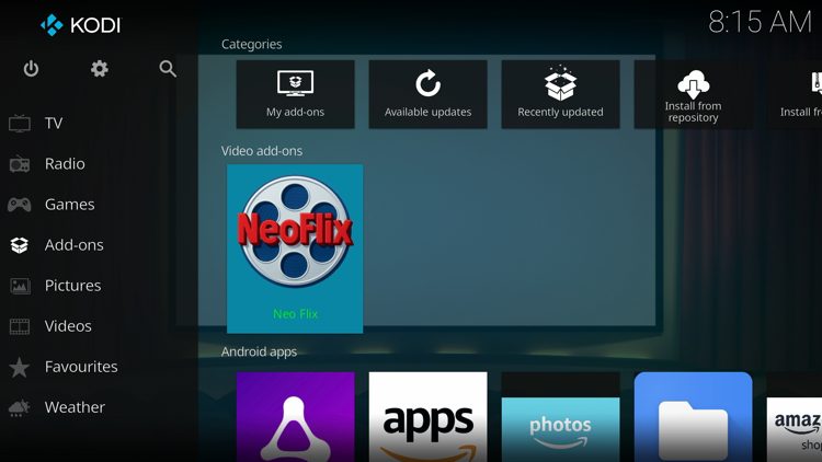 Then go back to the Home screen of Kodi and select Add-ons, then choose NeoFlix