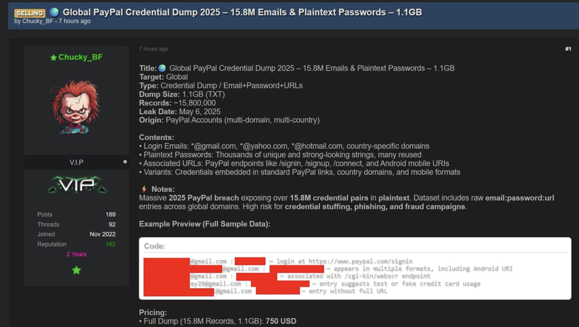 Alleged PayPal data being sold on a hacker forum