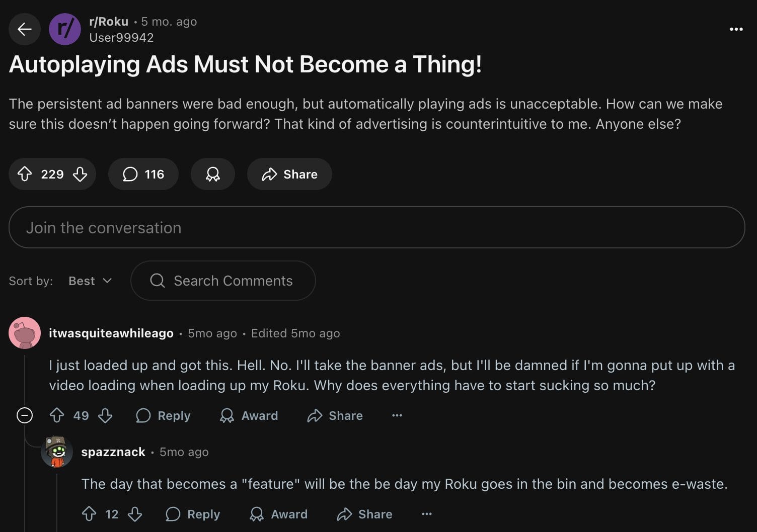 Reddit Thread about Roku Ad Placements