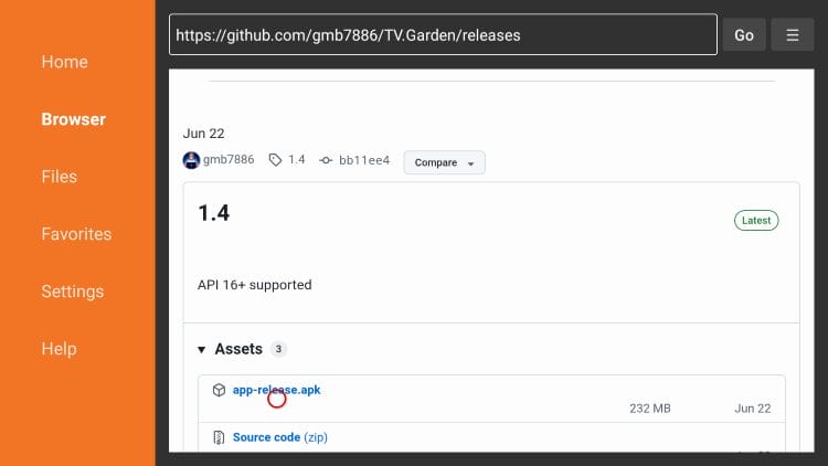 Select the TV garden APK file