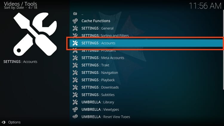 Select Settings: Accounts