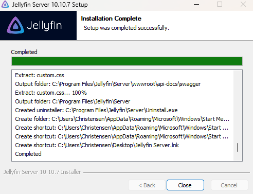 Installation complete screen