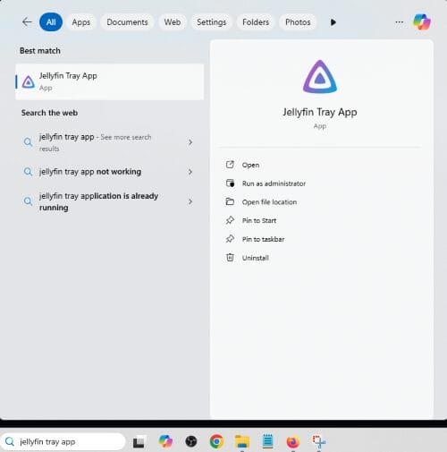Jellyfin Tray App in windows search