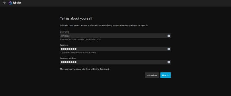 Create Username and password screen