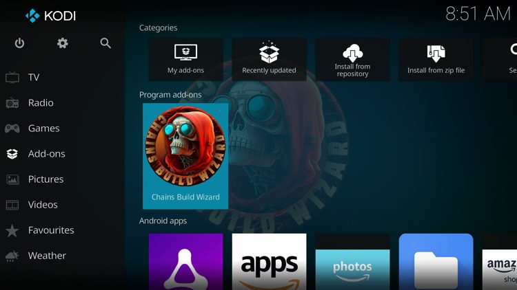 Return back to the home screen of Kodi, hover over Add-ons and click the Chains Build Wizard under Program add-ons.