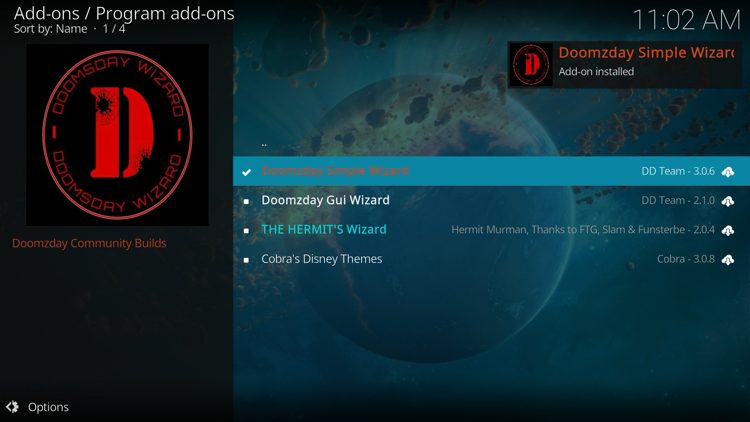 The wizard add-on installed message will now display in the upper right-hand corner.