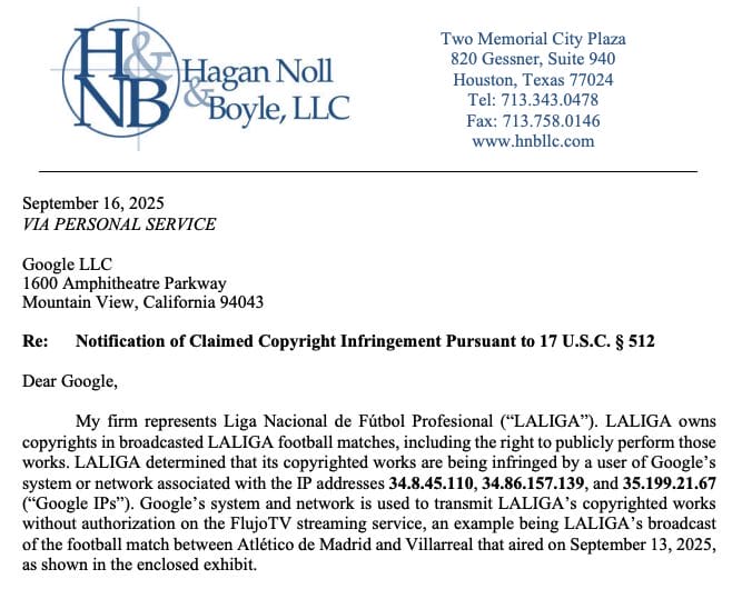 LaLiga's Legal Notice to Google