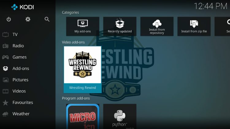 Return back to the home screen of Kodi and hover over Add-ons. Then choose Wrestling Rewind.