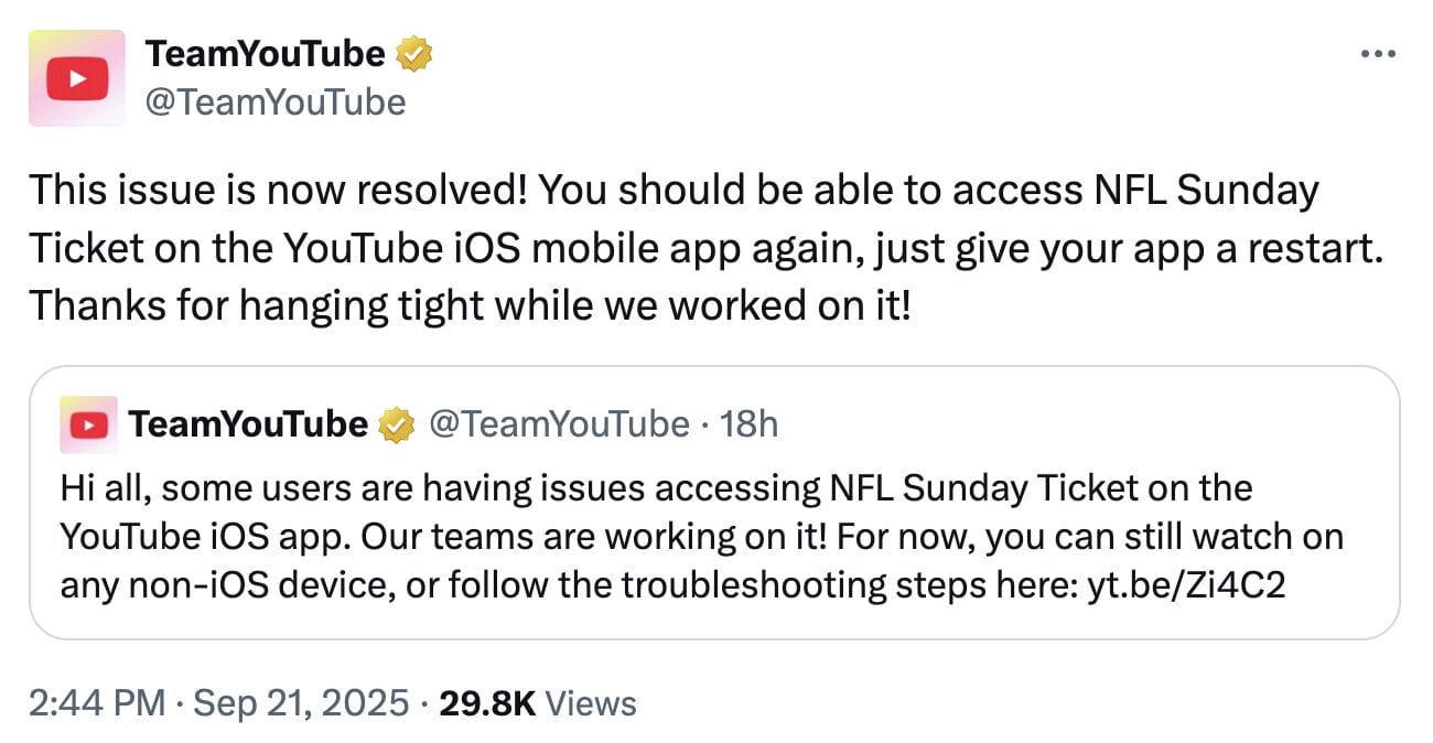 YouTube Confirming the Issue is Resolved