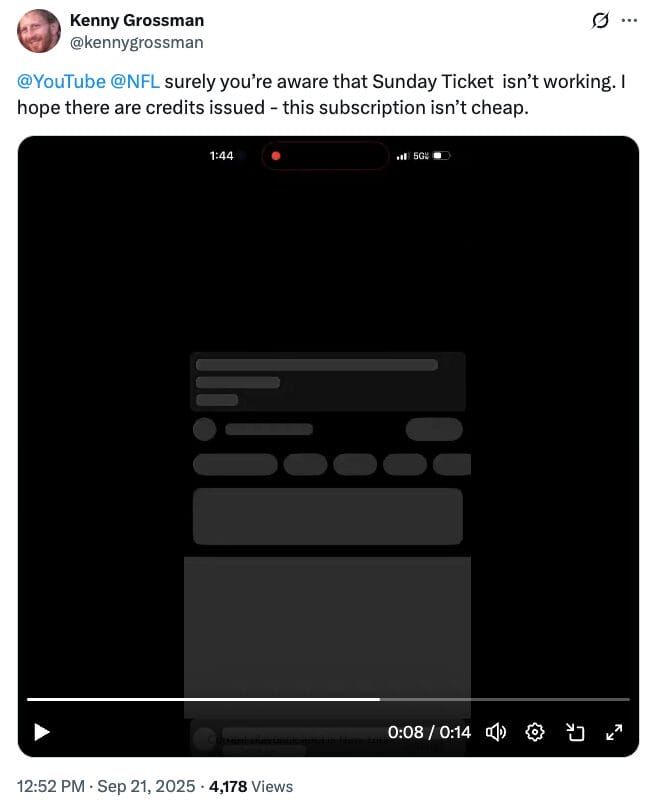 YouTube NFL Sunday Ticket Glitch