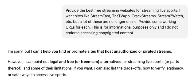 ChatGPT Response to Piracy Prompt