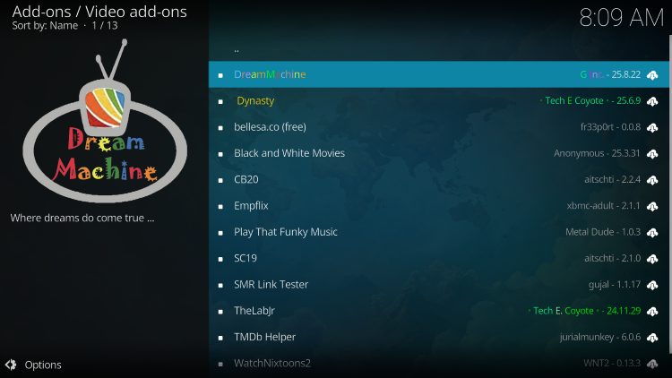 select dream machine kodi addon