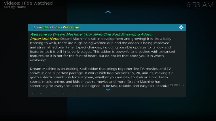 Dream Machine welcome message