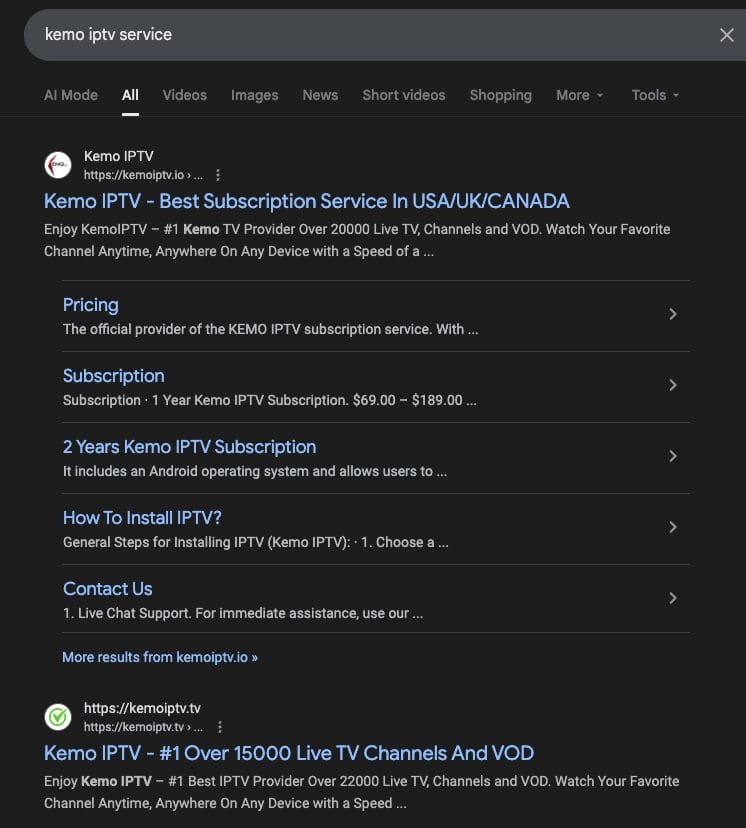Google search for “Kemo IPTV service”