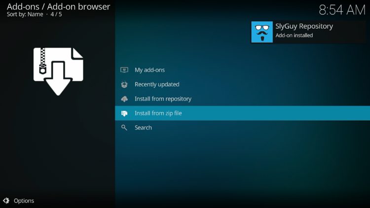 Wait for the "SlyGuy Repository Add-on installed" message to appear
