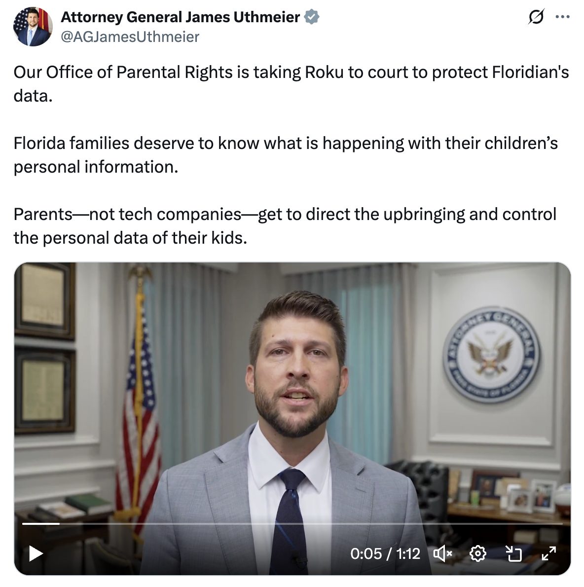 Attorney General James Uthmeier Social Media Post